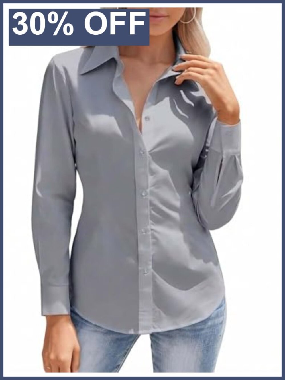 Women's Long Sleeve Stretch Button Down Dress Shirt Spread Collar Blouse